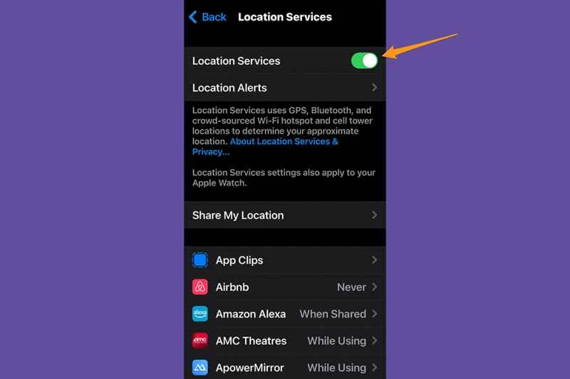 iOS 設定應用,顯示如何在 iPhone 上找到關閉定位功能的開關。