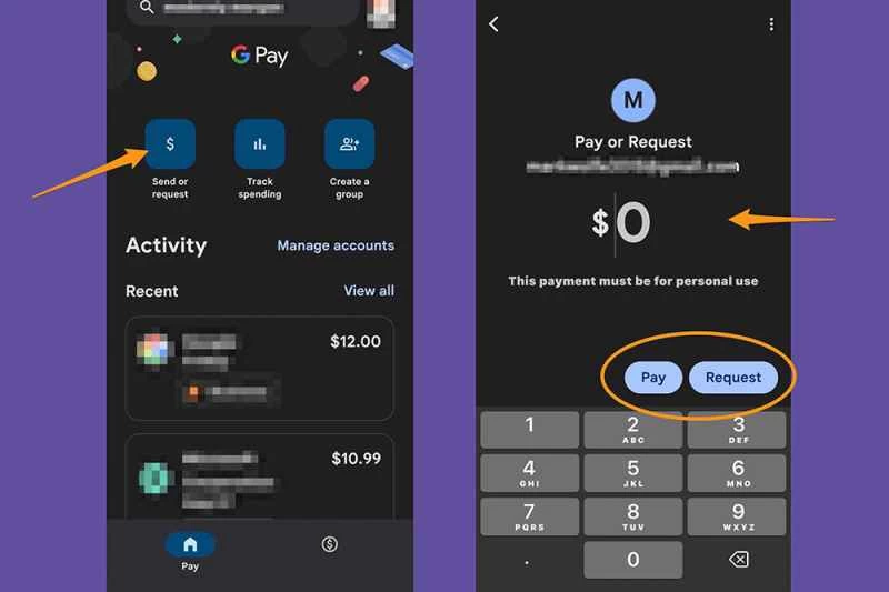 Google Pay 應用程式示範如何使用它向他人發送或要求付款。