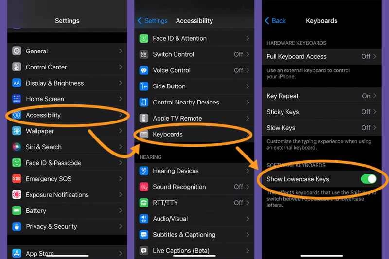 iOS 設定應用程式，展示如何將 iPhone 鍵盤上的字母永久設定為大寫。