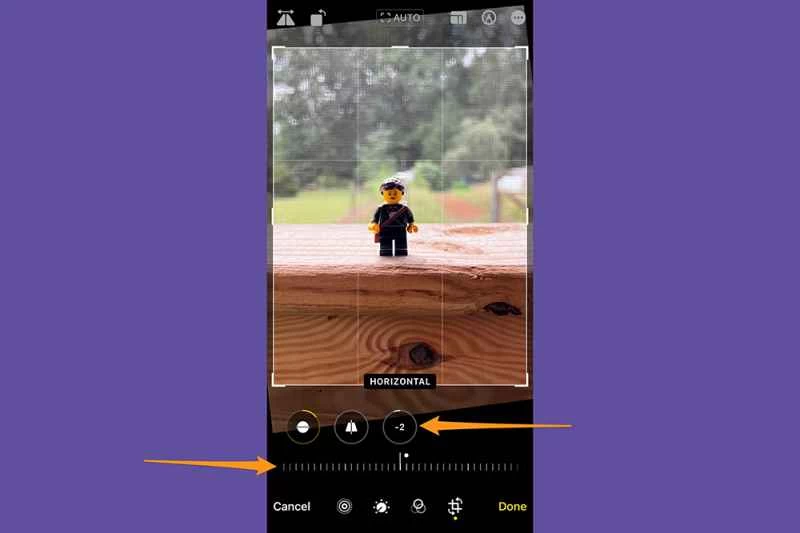 iPhone 照片應用程式處於編輯模式，顯示調整水平透視的選項位置。