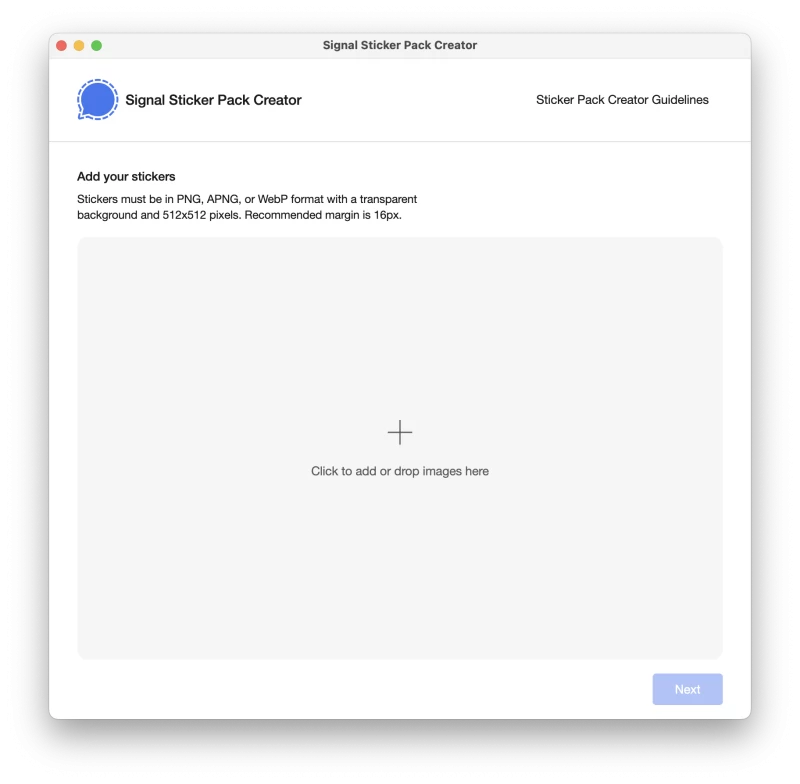 Signal桌面介面上的貼紙包創建器。
