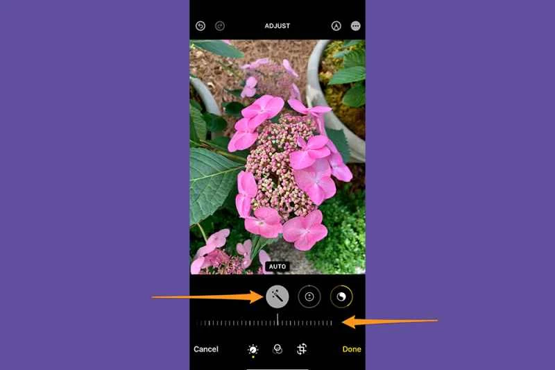 iPhone 照片應用程式處於編輯模式，示範如何自動編輯照片。
