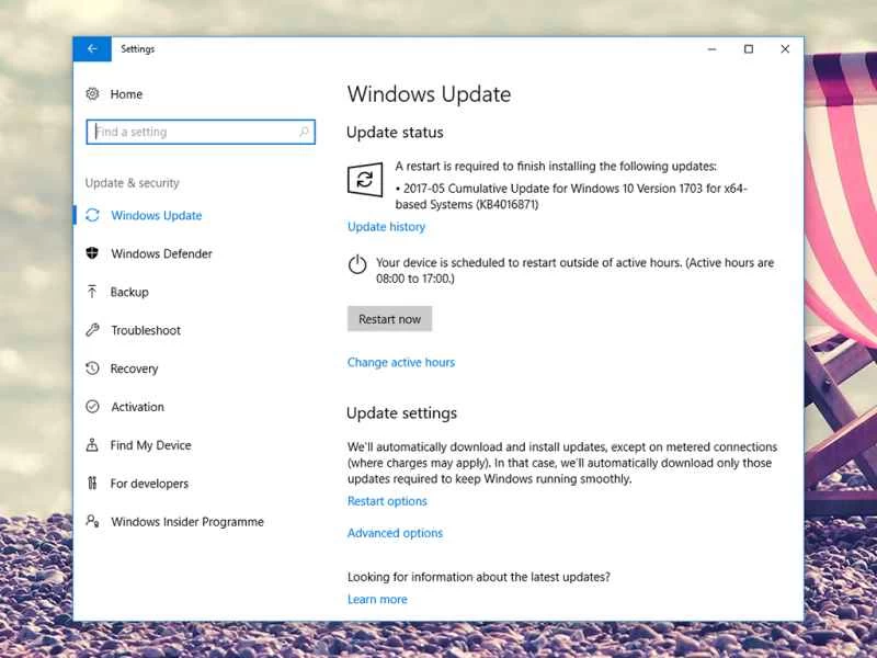 Windows 10 更新功能表。