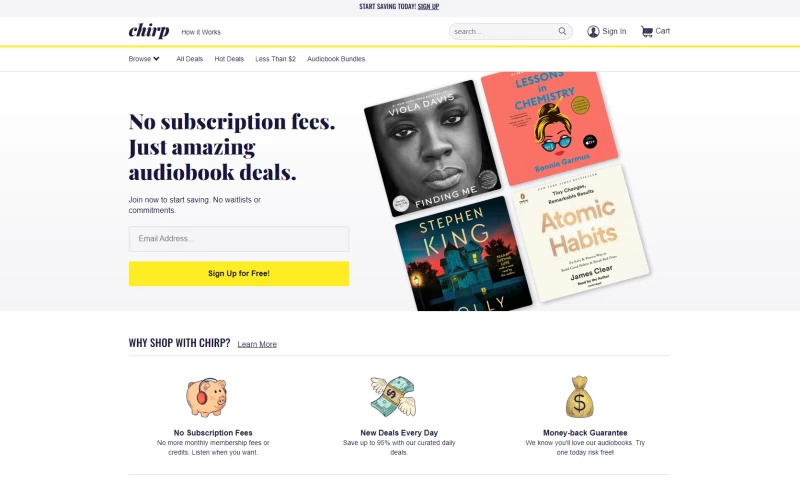 Chirp 是一款有聲書應用，這是它的主頁。