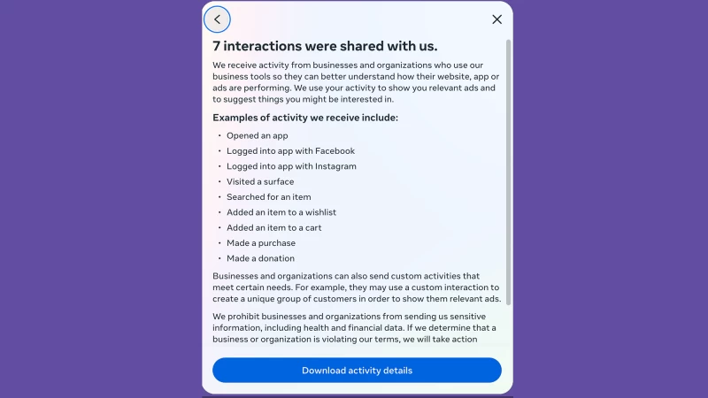 開啟「非元資料活動技術」功能表時會顯示此通知。