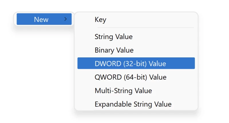 Windows 登錄編輯器中新增一個選項,其中 DWord(32 位元)值會高亮顯示。