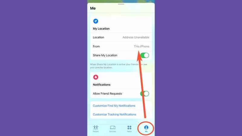 蘋果「尋找」應用程式顯示了使用 iPhone 共享位置的設定。