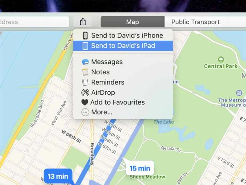 macOS 上的 Apple 地圖，顯示了裝置間的共享功能。