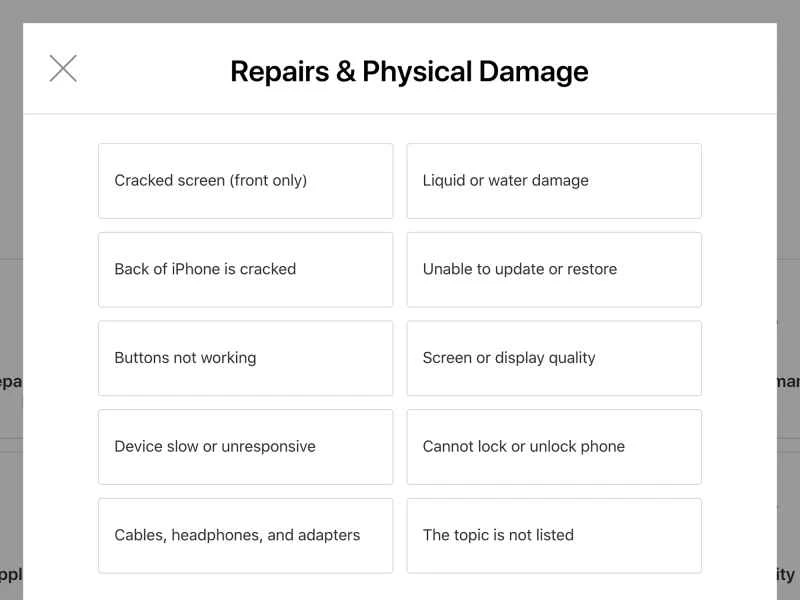 蘋果設備維修和物理損壞描述的螢幕截圖
