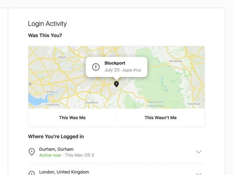 Instagram登入活動地圖顯示了斯托克波特地區的活動情況。