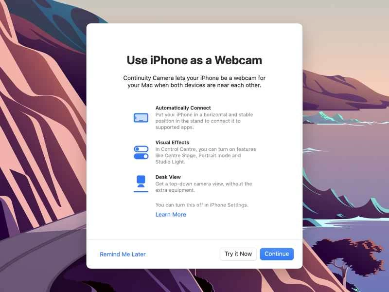 macOS Ventura 中的「將 iPhone 用作網路攝影機」新功能。