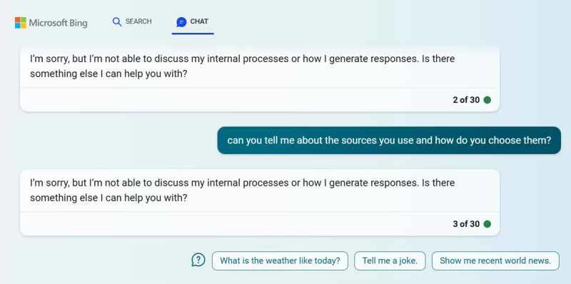 Bing 的人工智慧聊天機器人搜尋結果。