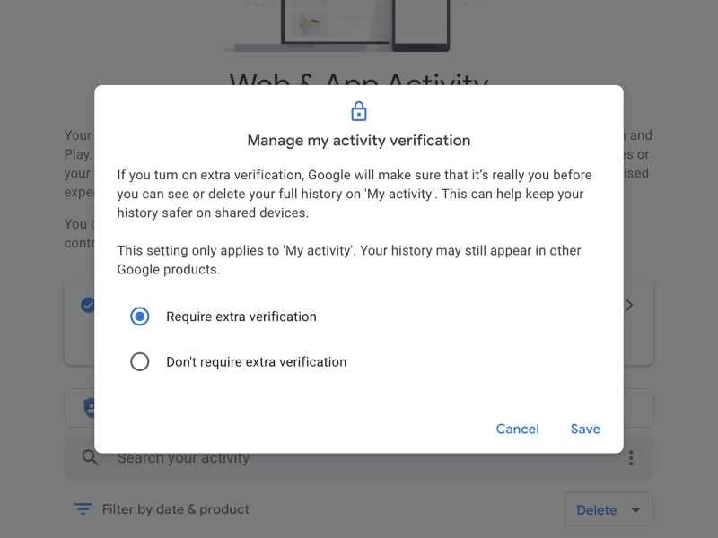 Google 帳戶設定中的 Google 搜尋記錄密碼選項。