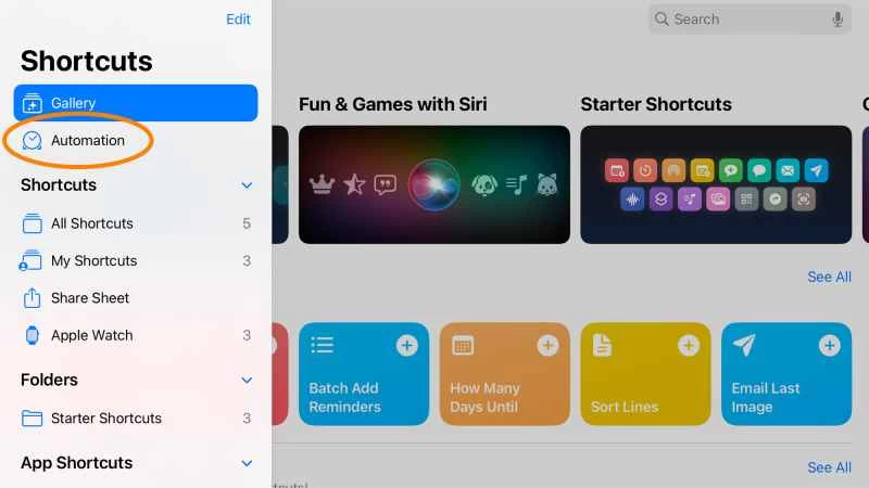 iPhone 快捷指令應用中的自動化選單。