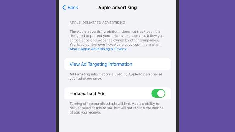 iPhone 螢幕截圖，個人化廣告已開啟