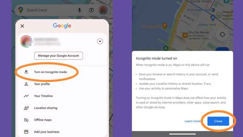 谷歌地圖的隱身模式選單