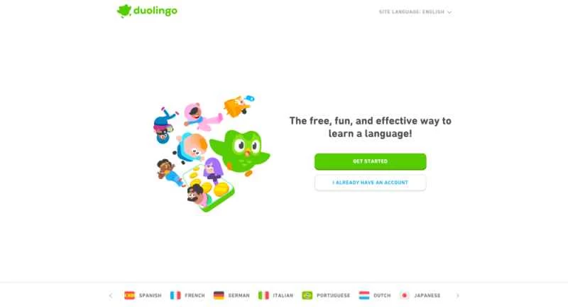 Duolingo 語言學習應用程式的主頁，中心是他們的綠色貓頭鷹標誌，螢幕底部用旗幟標明了你可以學習的語言。