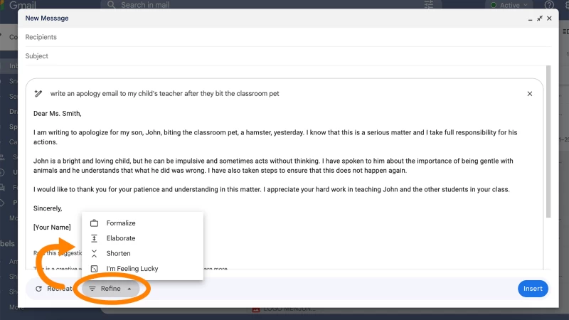 用於優化 AI 生成內容的 Gmail 選單