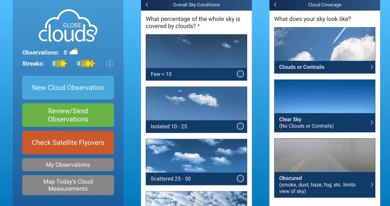 三個NASA地球雲應用截圖，顯示了報告雲類型的選項