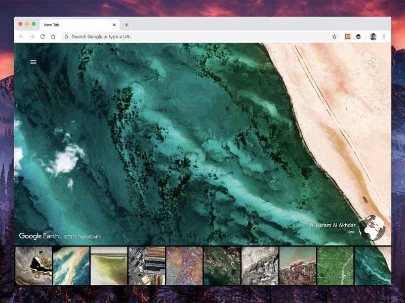 這是Google瀏覽器中新標籤頁的螢幕截圖,顯示了使用 Earth View 瀏覽器擴充功能後地球上某個地點的圖像。