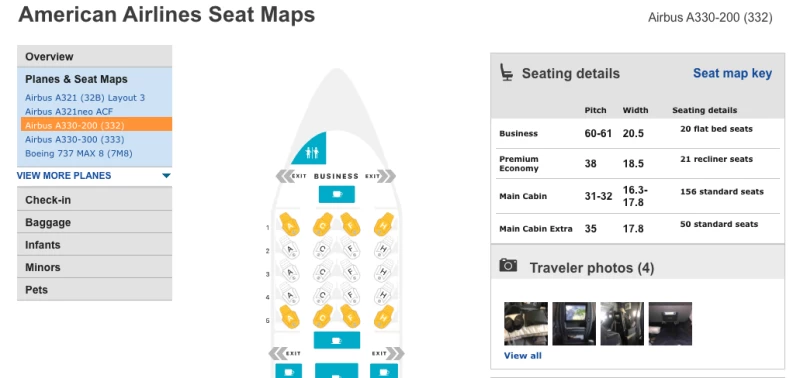 美國航空公司的Seat Guru網站截圖