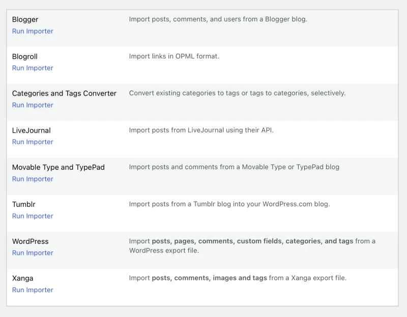 你需要使用 WordPress 匯入工具從 LiveJournal 匯入資訊。