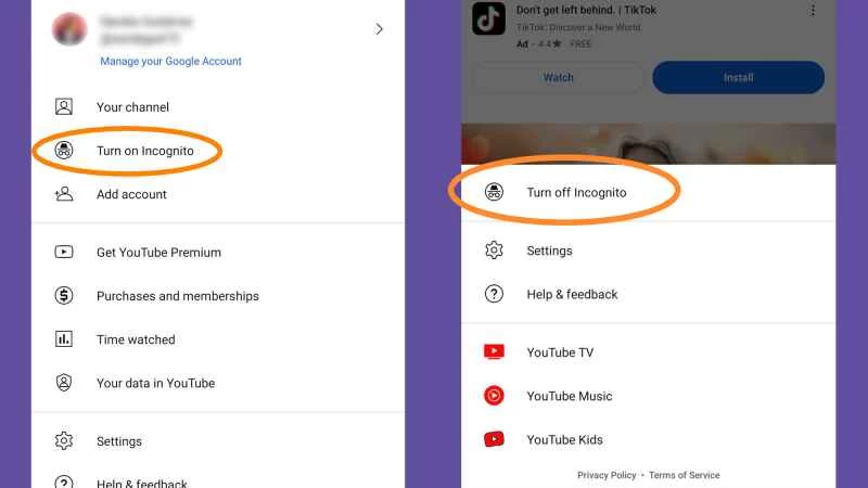 YouTube的隱身模式選單。