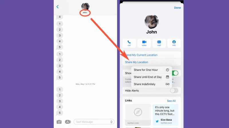 蘋果公司的「資訊」應用程式示範如何在單一訊息中分享您的位置。